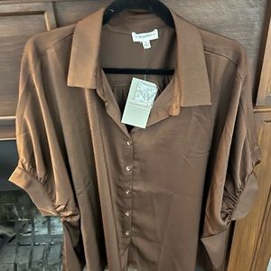 Brown, size medium satin short sleeve button down top. New with tags.